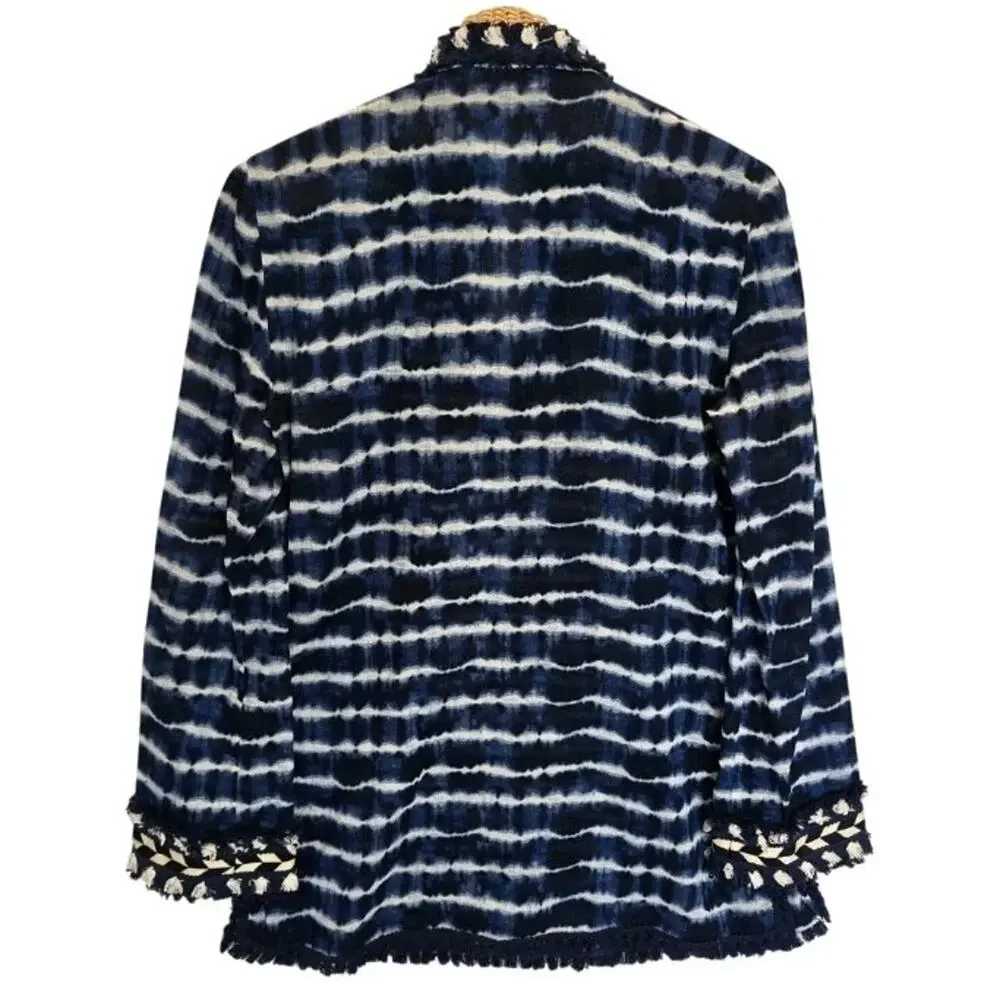 Tory Burch Blue Tie Dye Embellished Cotton Voile Tunic Shirt Size 4 Fringe Boho